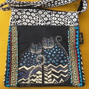 Laurel Burch Black and Blue Geometric Cat Crossbody Bag